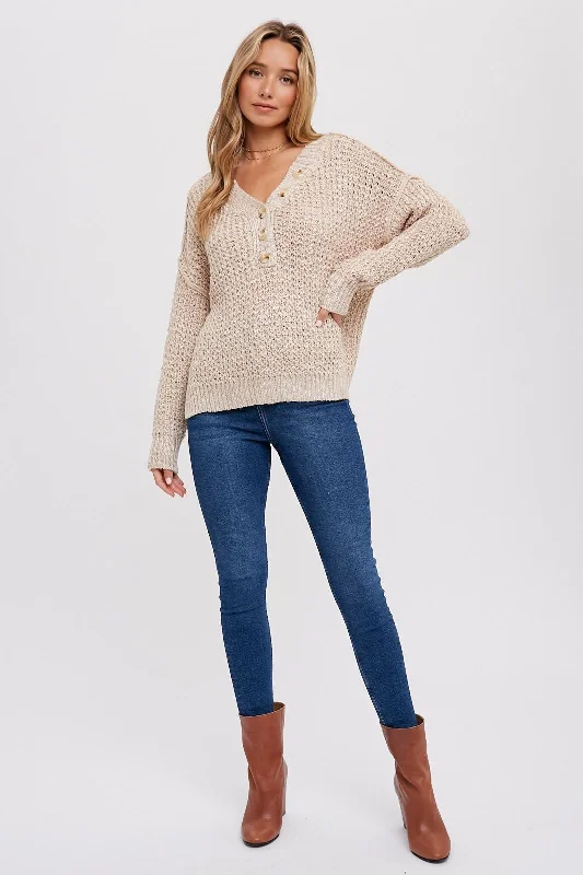 Anti - Pilling Sweaters for Long - Lasting -Beige Chunky Knit Button V-Neck Sweater