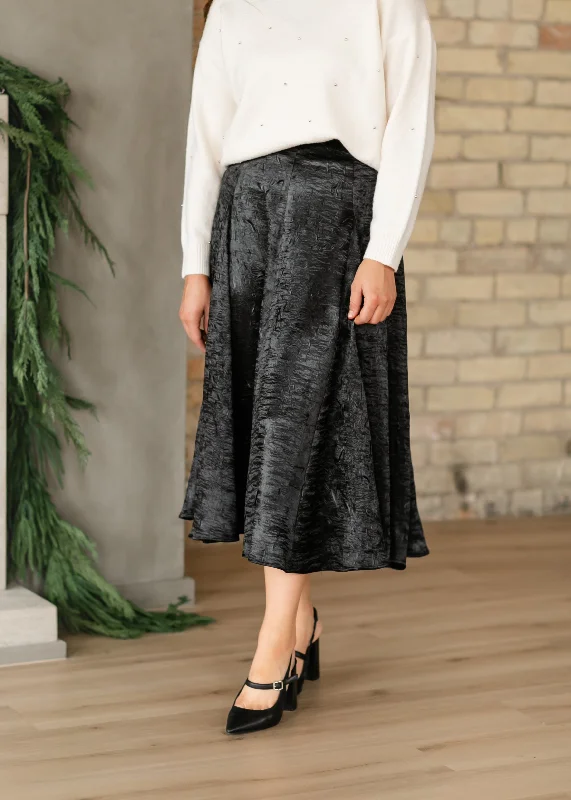 Bold leather skirts for daring fashion statements -Crinkle Satin Black A-line Skirt