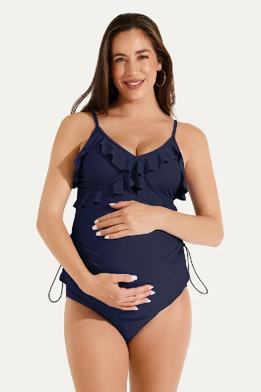 Belted Dresses for Shaping -Two Piece V-Neck Ruffle Front Maternity Tankini Dress