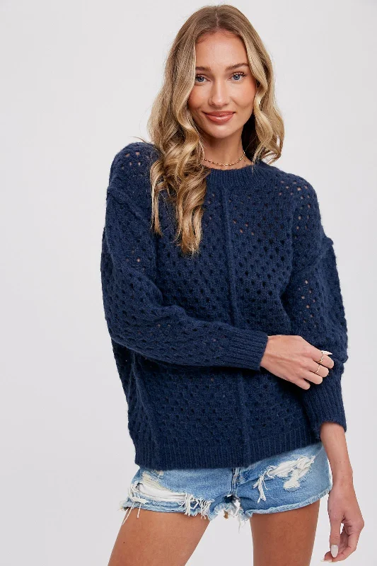 Split - Neck Sweaters for Unique Neckline -Navy Open Chunky Knit Sweater