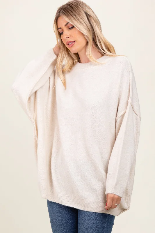 Christmas Sweaters for Holiday Spirit -Cream Oversized Crewneck Melange Knit Sweater