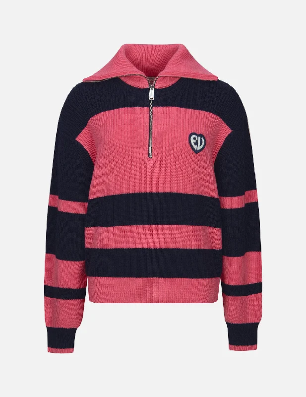 Outdoor - Activity Sweaters for Hiking -EV Heart Badge Striped Cropped Half-Zip Sweater