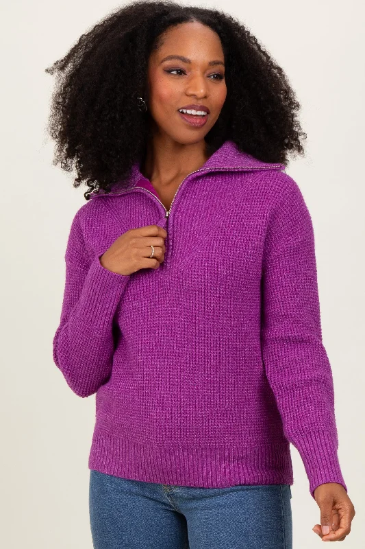 Long - Sleeve Sweaters for Full Coverage -Plum Half Zip Pullover Sweater