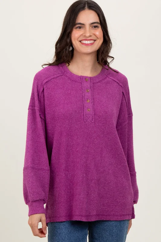 Outdoor - Activity Sweaters for Hiking -Plum Oversized Ribbed Knit Henley Sweater