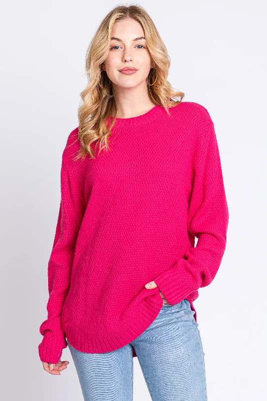 Thermal - Insulated Sweaters for Cold - Protection -Fuchsia Knit Pullover Sweater