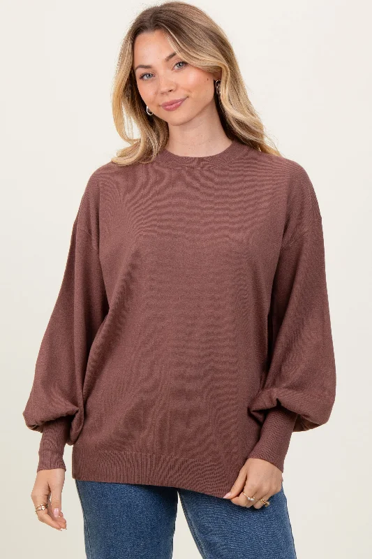 Buttons - Down Sweaters for Classic Style -Brown Fine Knit Balloon Sleeve Sweater