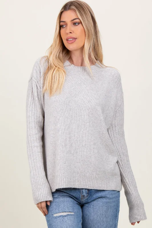 Bell - Sleeve Sweaters for Fashionable Look -Heather Grey Long Sleeve Raised Seam Sweater