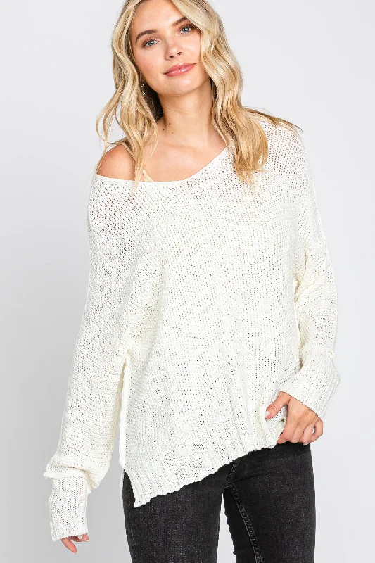 One - Shoulder Sweaters for Asymmetric Design -Cream Chunky Knit Side Slit Sweater