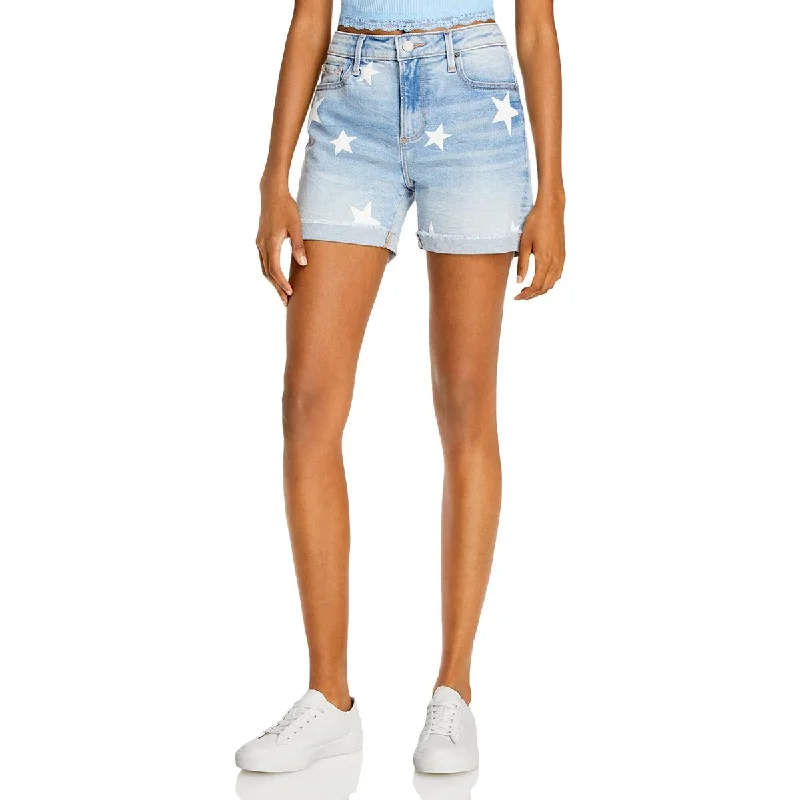 Stylish plaid shorts for women with tailored designs for a polished casual look-Aqua Womens Star Printed Frayed Hem Denim Shorts