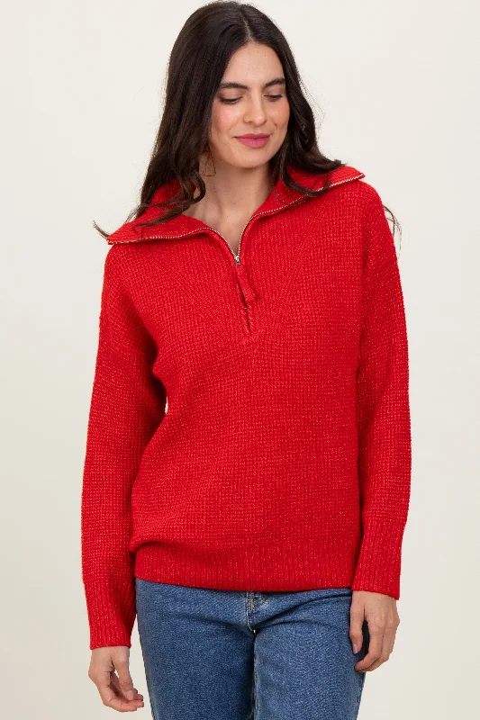 Embroidered Sweaters for Detailed Decoration -Red Half Zip Pullover Sweater