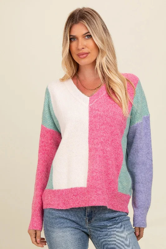 Party - Wear Sweaters for Special Occasion -Pink Fuzzy Knit Colorblock Sweater