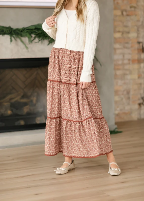 Lightweight skirts for warm weather comfort -Gwen Geo Floral Ricrac Tiered Maxi Skirt