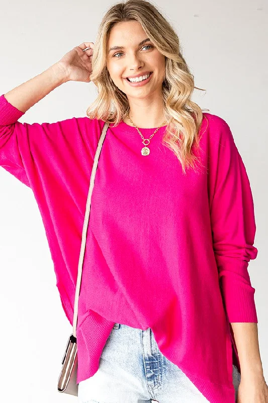 Shearling - Lined Sweaters for Extra Warmth -Fuchsia Dolman Sleeve Side Slit Sweater