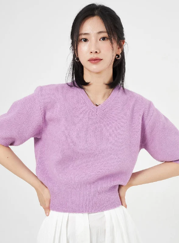 Waffle - Knit Sweaters for Chunky Texture -Half Sleeve V-Neck Sweater OA305