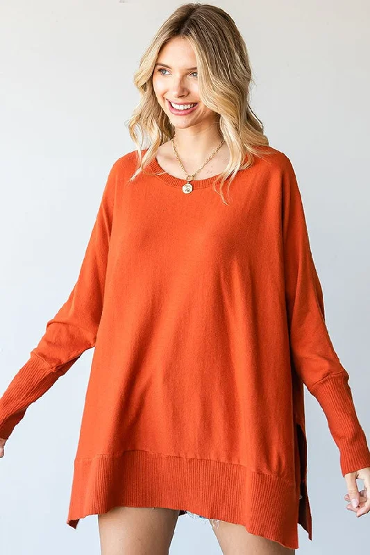 Pocket - Equipped Sweaters for Convenience -Orange Dolman Sleeve Side Slit Sweater