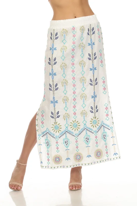 Cute pleated skirts for youthful school outfits -Johnny Was JWLA White Oriel High Slit Linen Embroidered Maxi Skirt Boho Chic J71623