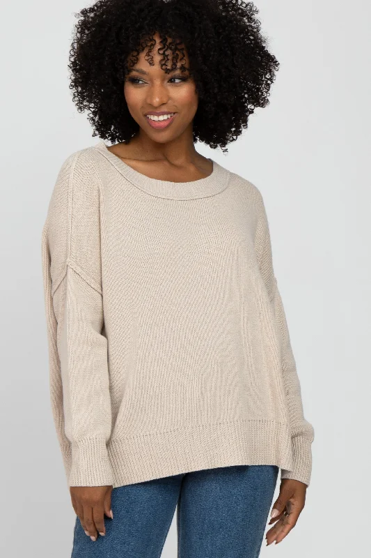 Heavy - Duty Sweaters for Harsh Weather -Beige Exposed Seam Side Slit Sweater