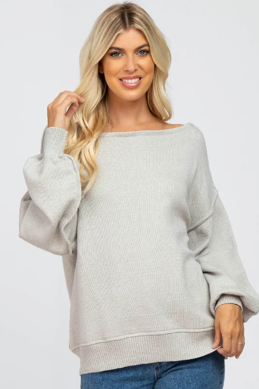 Solid Color Sweaters for Simple Elegance -Grey Boat Neck Bubble Sleeve Sweater