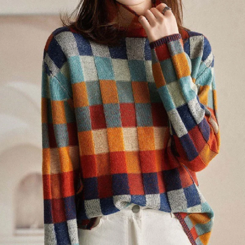 Women's Cashmere Sweaters for Elegant Style -Gorgeous Colorful Chessboard Plaid Sweater Turtleneck Comfortable