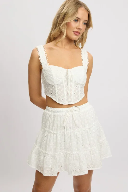 Designer skirts with premium fabric finish -White Skater Skirt High Rise Tiered Mini Broidery Eyelet