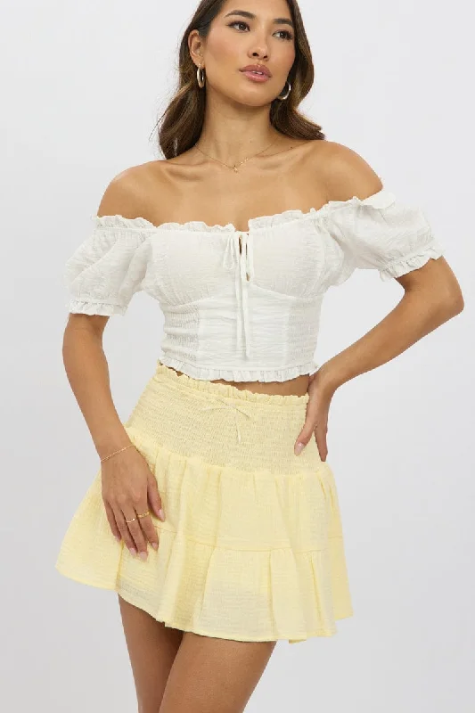 Ruffled skirts with lace trim softness -Yellow Mini Skort Skirt Shirred Waist Cotton Textured Lined