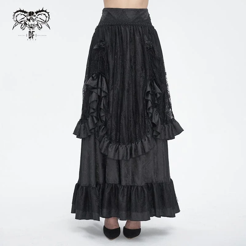 Ruffled midi skirts for delicate feminine touch -Women's Gothic Drawstring Ruffled Lace Skirt