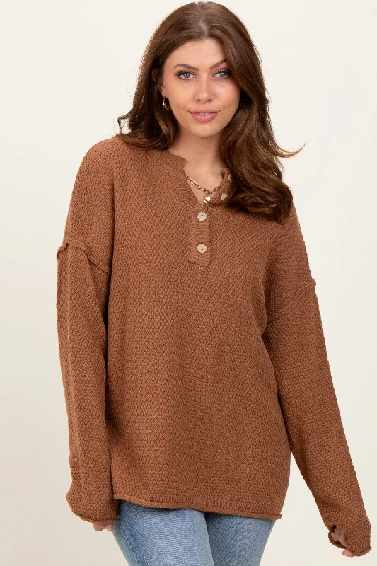 Roll - Neck Sweaters for Cold - Resistance -Camel Diamond Knit Button Detail Sweater