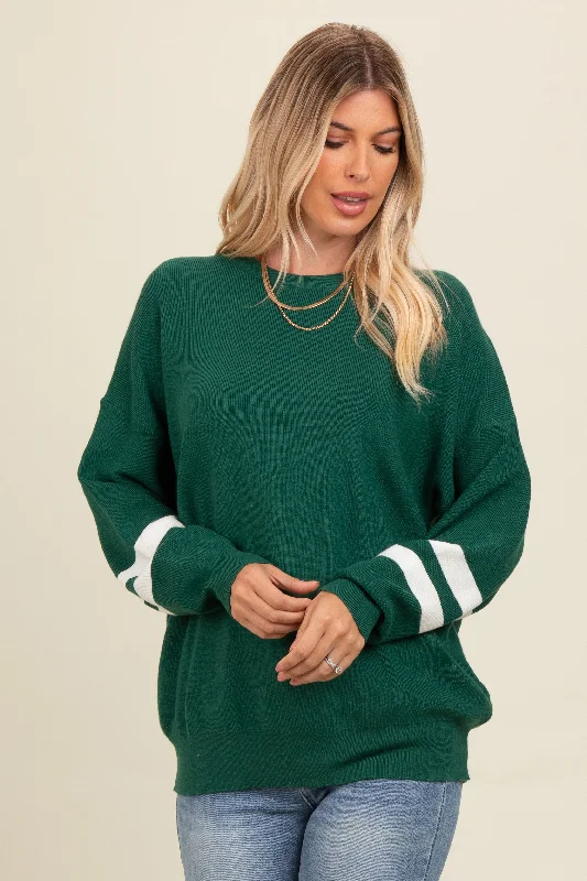 Christmas Sweaters for Holiday Spirit -Forest Green Striped Sleeve Relaxed Fit Sweater