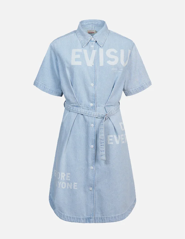 Faux Leather Dresses for Affordable -Logo Discharged Print Denim Shirt Dress