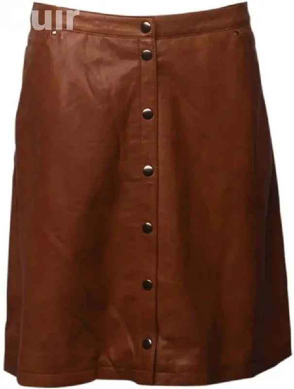 Casual cotton skirts for laid-back days -Brown Leather Skirt with Button, Lamb Leather