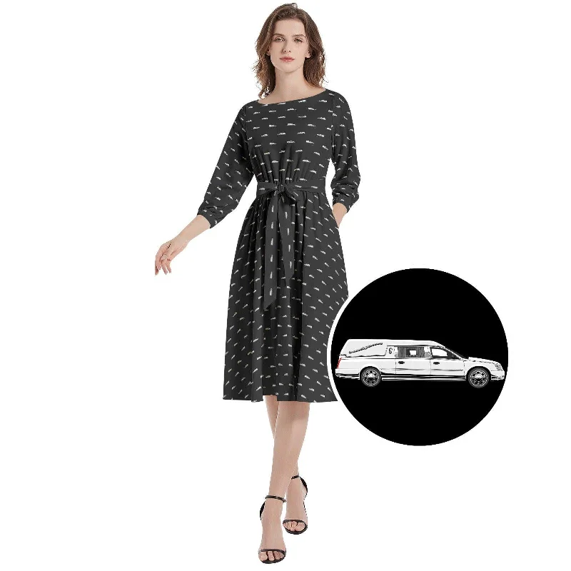 Ethnic Dresses with Tribal Design -White Hearse on Black - Boat Neck Belted Flared Dress