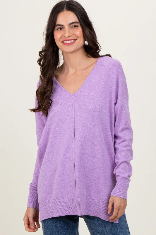 Halloween Sweaters for Spooky Theme -Lilac Front Seam V-Neck Side Slit Sweater