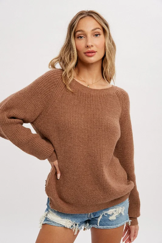 Zip - Up Sweaters for Functional Design -Mocha Back Cutout Lace Accent Sweater