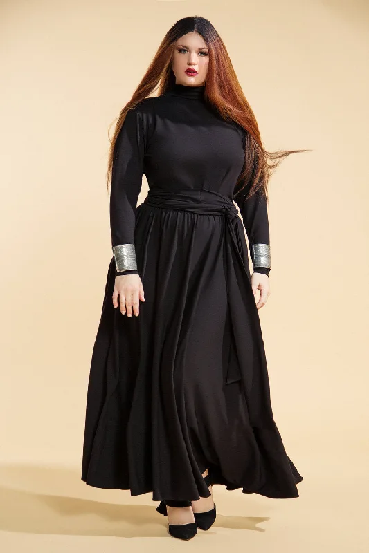 Solid Color Dresses for Simple -Long Sleeved Mock Neck Flare Maxi Dress- JIBRI