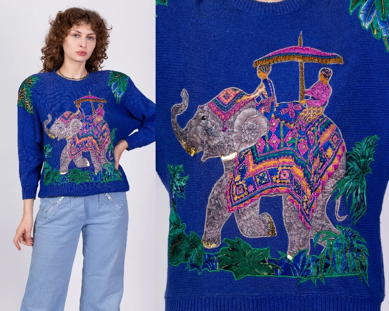 Roll - Neck Sweaters for Cold - Resistance -80s Royal Blue Elephant Knit Sweater - Medium