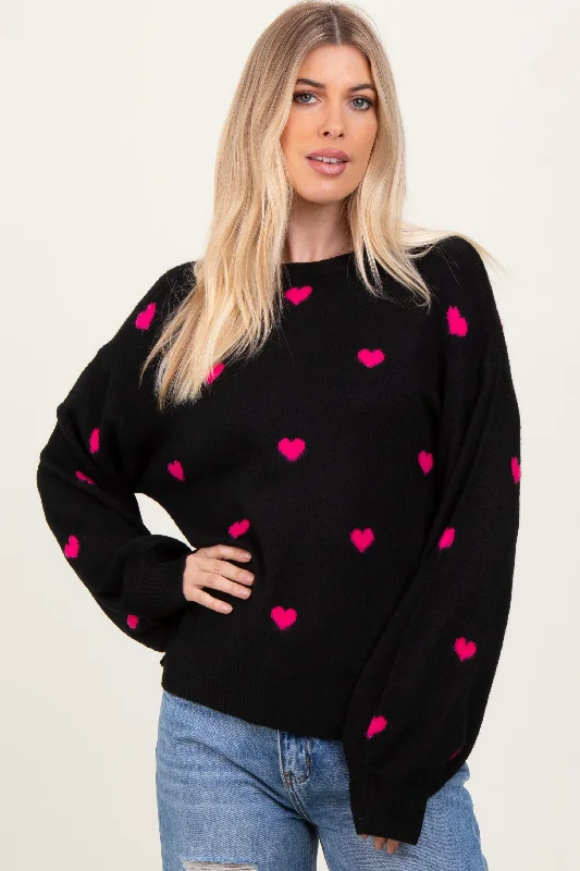 Puffed - Sleeve Sweaters for Feminine Style -Black Heart Print Oversized Sweater