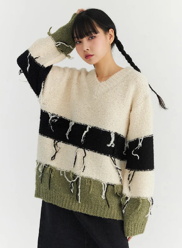 Christmas Sweaters for Holiday Spirit -V-Neck Tassel Stripe Sweater CO330