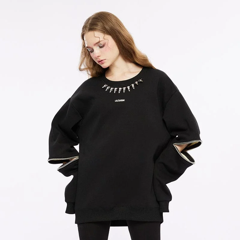 Round Neck Sweaters for Casual Comfort -Women's Punk Skull Zipper Cutout Sweater