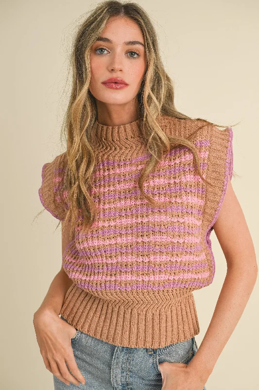 Patchwork Sweaters for Unique Design -Camel Lavender Multi Contrast Stitch Mock Neck Sweater Vest