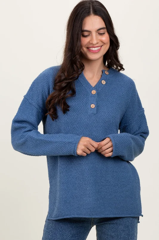 Party - Wear Sweaters for Special Occasion -Denim Diamond Knit Button Detail Sweater