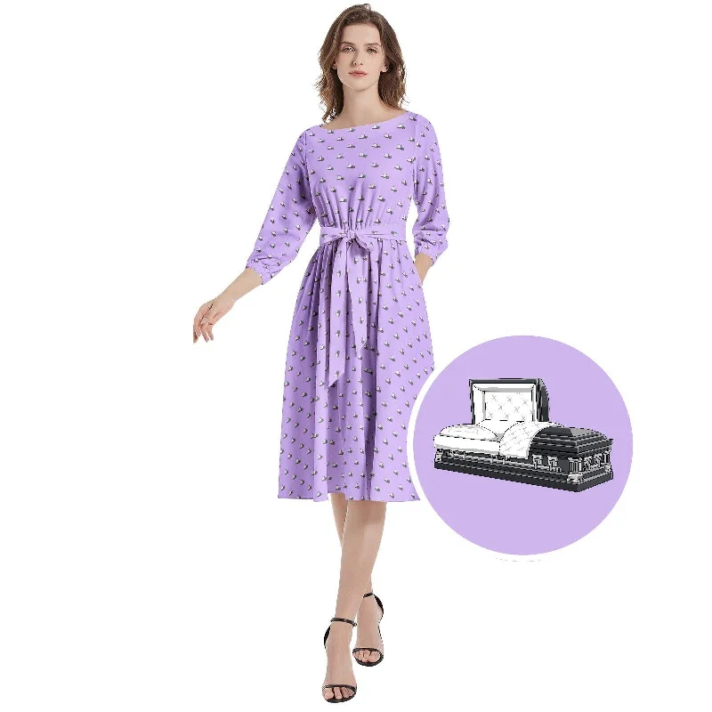 Patchwork Dresses for Bohemian -Dark Grey Casket on Light Purple - Boat Neck Belted Flared Dress