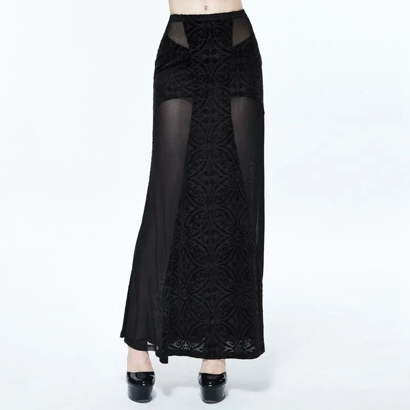 Lightweight skirts with airy fabric weave -Women's Long Punk Skirt With Sheer Net Panels