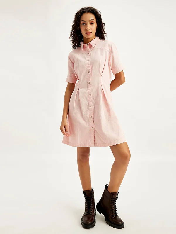 Fringed Dresses for Edgy -Women's Solid Light Pink Spread Collar Shirt Dress