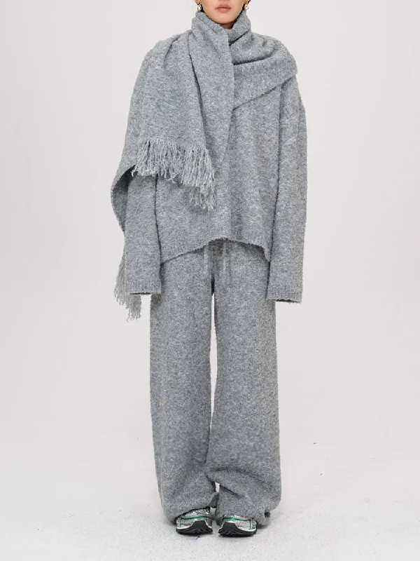 Lightweight Sweaters for Layering -Wool Knitted V-Neck Sweater With Scarf and Wie Leg Pants 3 Piece Suit