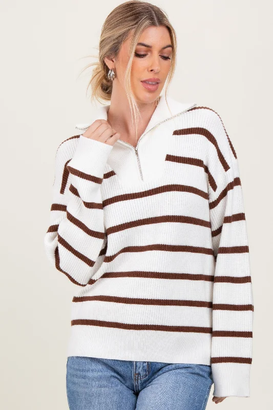 Wrinkle - Resistant Sweaters for Easy Care -Brown Striped Knit Half Zip Sweater