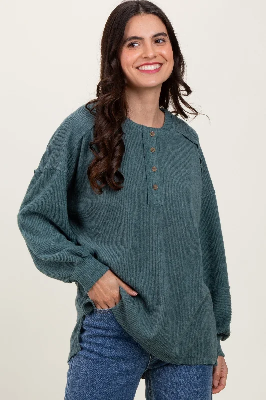 Vintage - Style Sweaters for Retro Look -Light Olive Oversized Ribbed Knit Henley Sweater