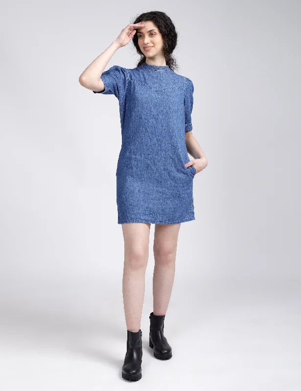 Party Dresses for Celebration -Women's Solid Blue Collar Neck Dress