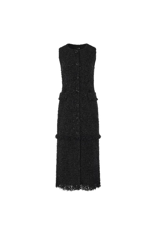 Elastic Dresses for Fit -Black Sequins Tweed Knit Vest Dress