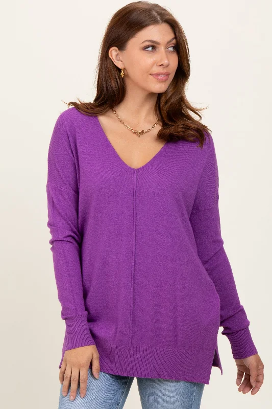 Anti - Pilling Sweaters for Long - Lasting -Violet Front Seam V-Neck Side Slit Sweater