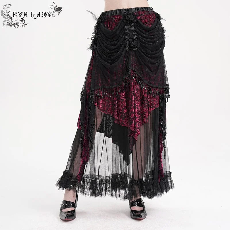 Classic skirts with subtle texture weave -Women's Gothic Tassels Mesh Long Skirt Black Purple